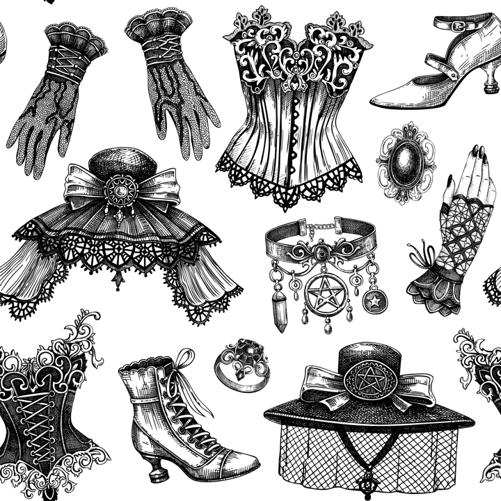 Gothic background. Hand drawn fashion illustration. Victorian clothes and accessories. Halloween seamless pattern. NOT AI generated